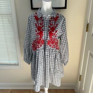 Entro Black and White Plaid Mini Dress with Red Embroidery